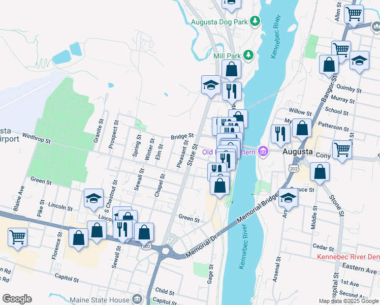 map of restaurants, bars, coffee shops, grocery stores, and more near 70 State Street in Augusta