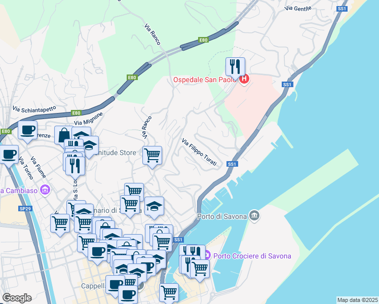 map of restaurants, bars, coffee shops, grocery stores, and more near 35 R Via Filippo Turati in Savona