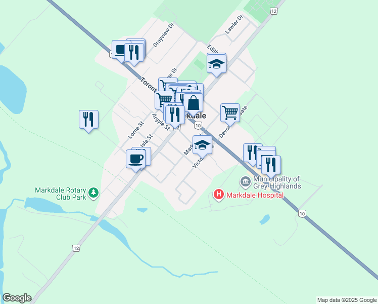 map of restaurants, bars, coffee shops, grocery stores, and more near 65 Mark Street West in Markdale