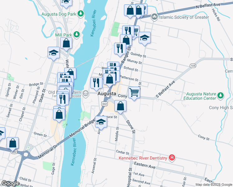 map of restaurants, bars, coffee shops, grocery stores, and more near 110 Cony Street in Augusta