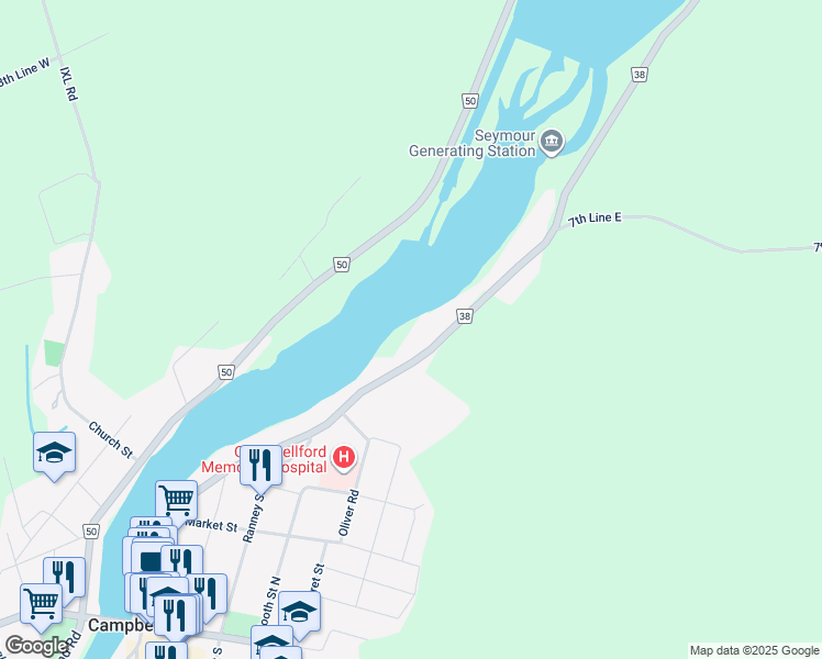 map of restaurants, bars, coffee shops, grocery stores, and more near 326 Front Street North in Harcourt