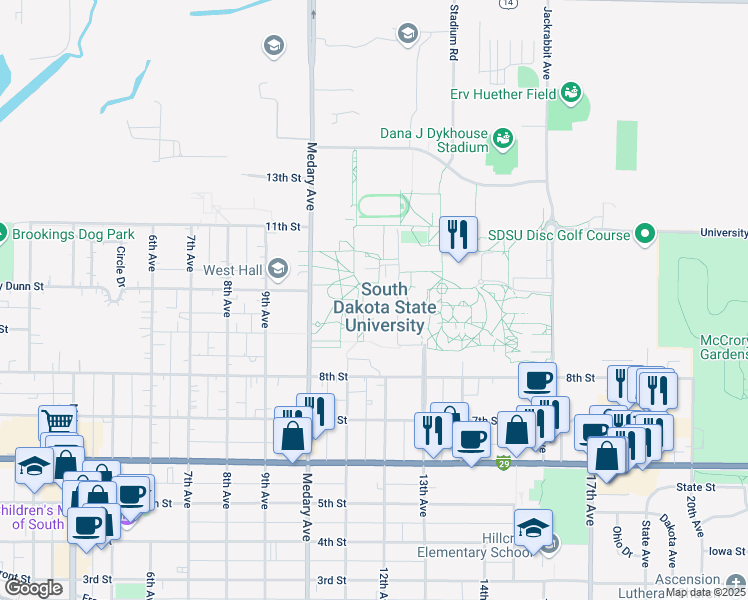 map of restaurants, bars, coffee shops, grocery stores, and more near 100 Administration Lane in Brookings