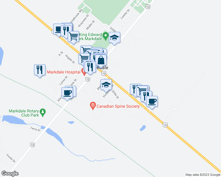 map of restaurants, bars, coffee shops, grocery stores, and more near 26 Victoria Avenue in Markdale