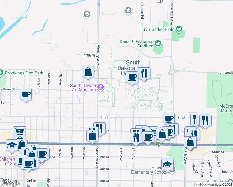 map of restaurants, bars, coffee shops, grocery stores, and more near 1015 Campanile Avenue in Brookings