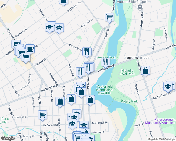 map of restaurants, bars, coffee shops, grocery stores, and more near 737 Water Street in Peterborough