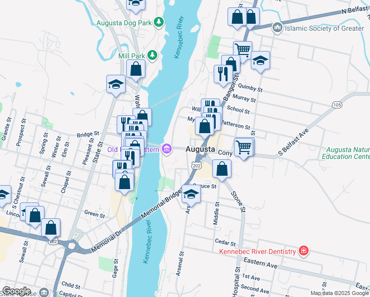 map of restaurants, bars, coffee shops, grocery stores, and more near Route 27 in Augusta