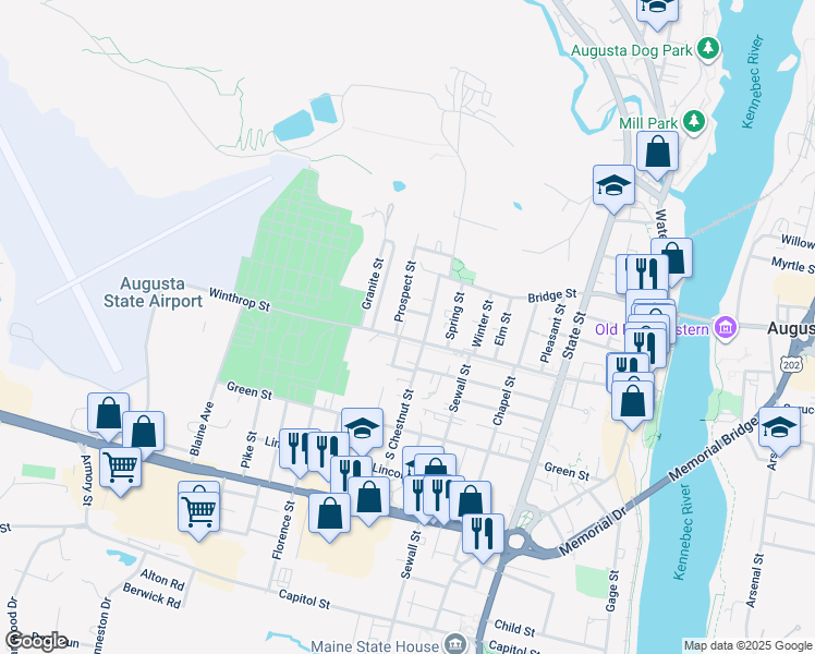 map of restaurants, bars, coffee shops, grocery stores, and more near 113 Winthrop Street in Augusta