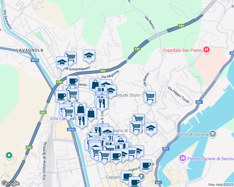 map of restaurants, bars, coffee shops, grocery stores, and more near 28 Via Filippo Corridoni in Savona