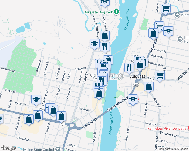 map of restaurants, bars, coffee shops, grocery stores, and more near 8 Church Street in Augusta