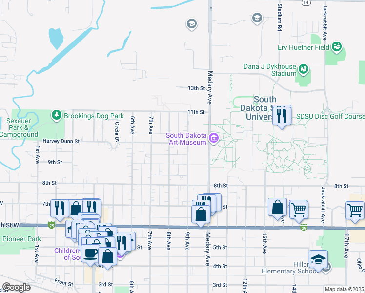 map of restaurants, bars, coffee shops, grocery stores, and more near 903 9th Avenue in Brookings