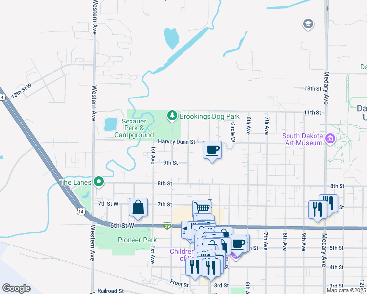 map of restaurants, bars, coffee shops, grocery stores, and more near 911 3rd Avenue in Brookings