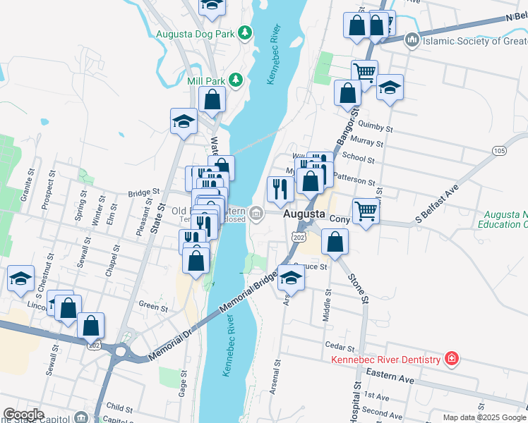 map of restaurants, bars, coffee shops, grocery stores, and more near 1 Cony Street in Augusta