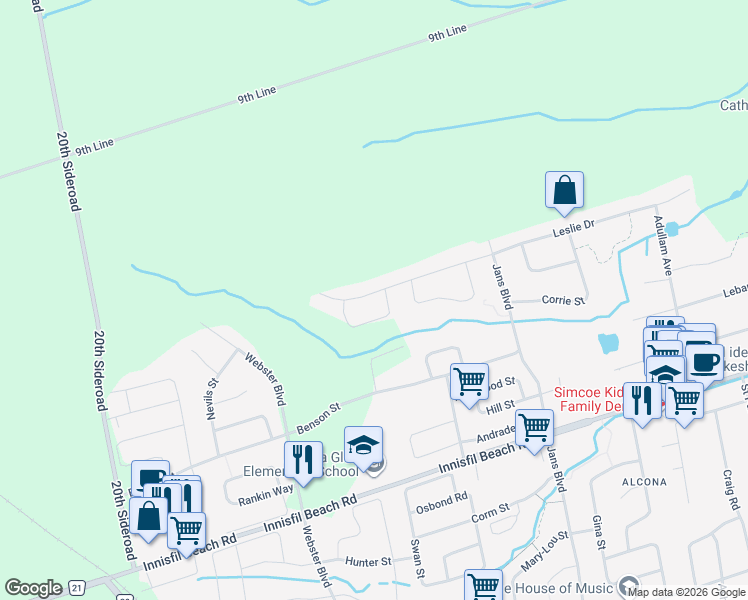map of restaurants, bars, coffee shops, grocery stores, and more near 1245 Leslie Drive in Innisfil