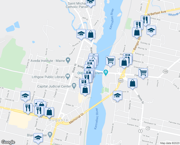 map of restaurants, bars, coffee shops, grocery stores, and more near 190 Water Street in Augusta