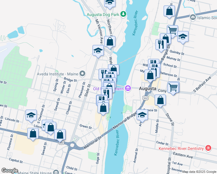map of restaurants, bars, coffee shops, grocery stores, and more near 103 Commercial Street in Augusta