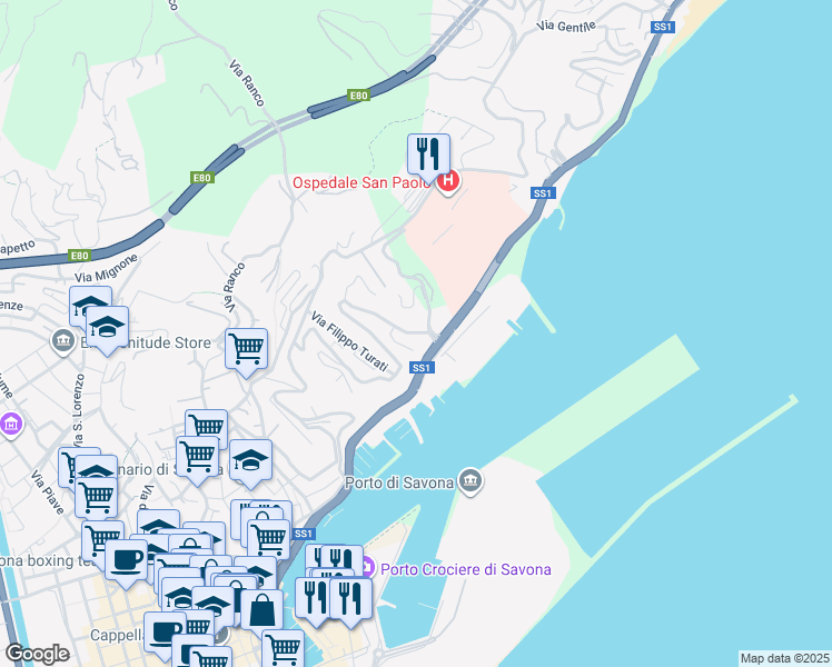 map of restaurants, bars, coffee shops, grocery stores, and more near 25 Via Ignazio Scotto in Savona