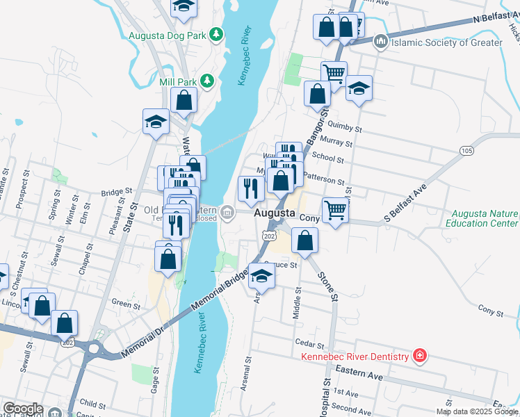 map of restaurants, bars, coffee shops, grocery stores, and more near 16 Cony Street in Augusta