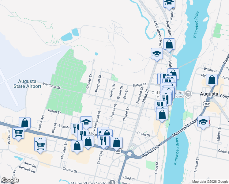 map of restaurants, bars, coffee shops, grocery stores, and more near 87 Winthrop Street in Augusta