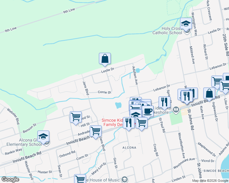 map of restaurants, bars, coffee shops, grocery stores, and more near 1087 Corrie Street in Innisfil