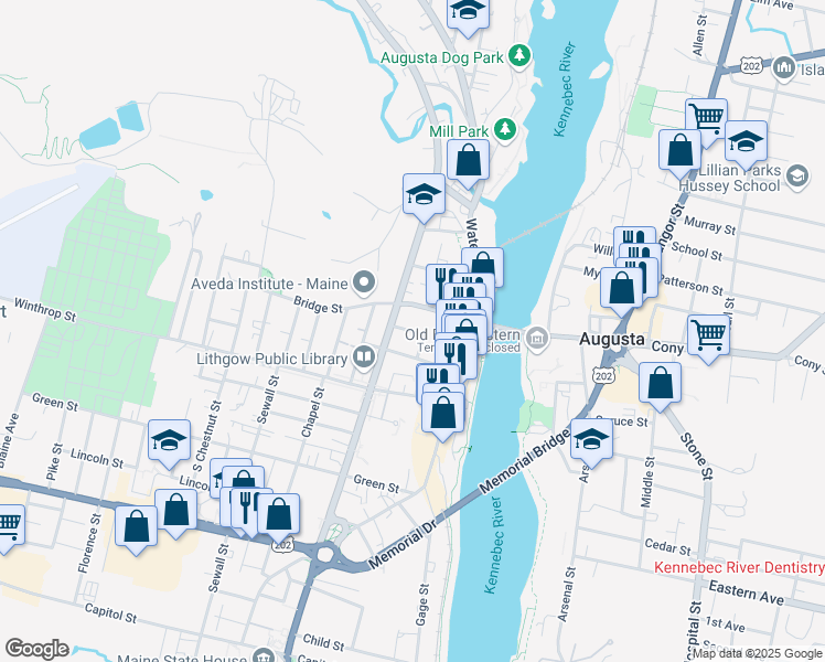 map of restaurants, bars, coffee shops, grocery stores, and more near Church Street in Augusta