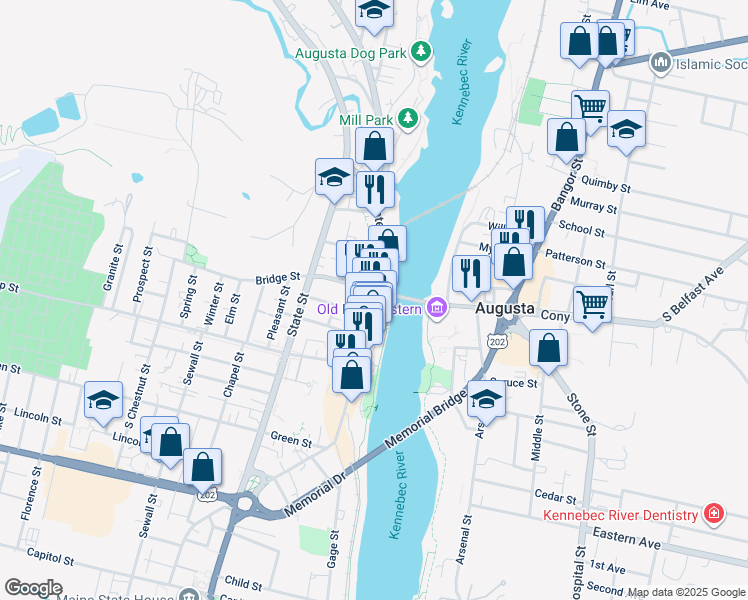 map of restaurants, bars, coffee shops, grocery stores, and more near 188 Water Street in Augusta