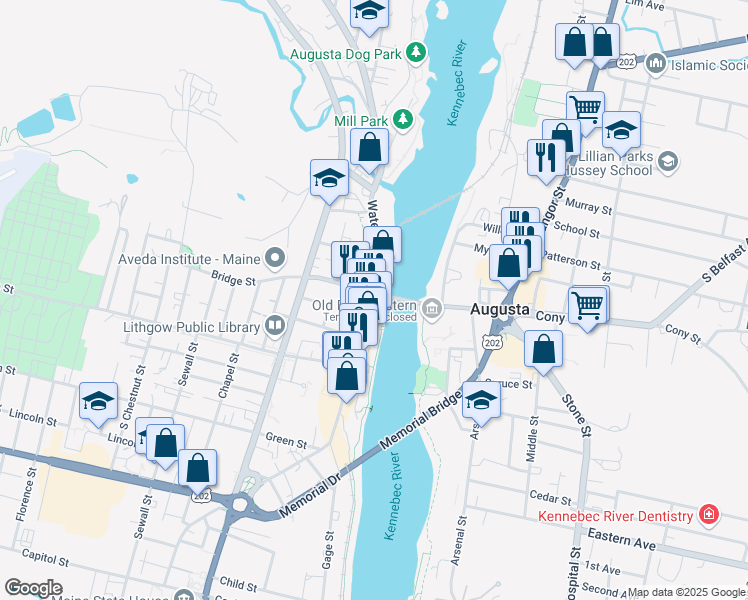 map of restaurants, bars, coffee shops, grocery stores, and more near 188 Water Street in Augusta