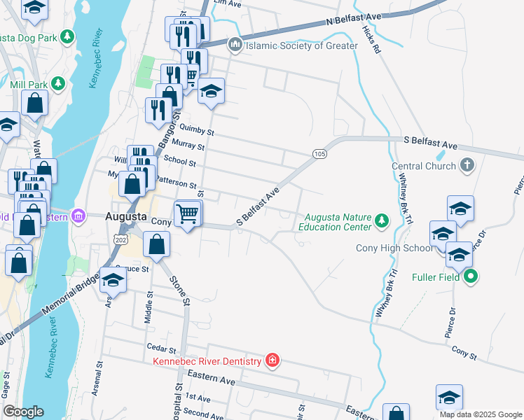 map of restaurants, bars, coffee shops, grocery stores, and more near 63 Patterson Street in Augusta
