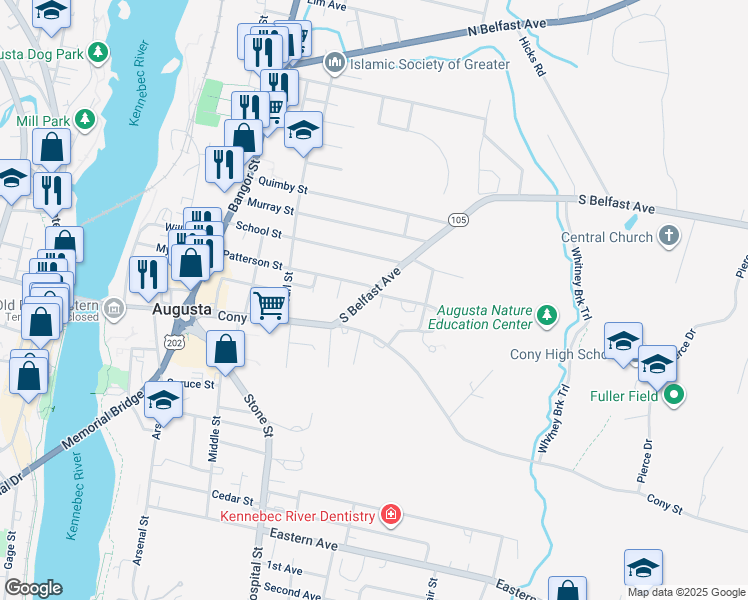 map of restaurants, bars, coffee shops, grocery stores, and more near 63 Patterson Street in Augusta