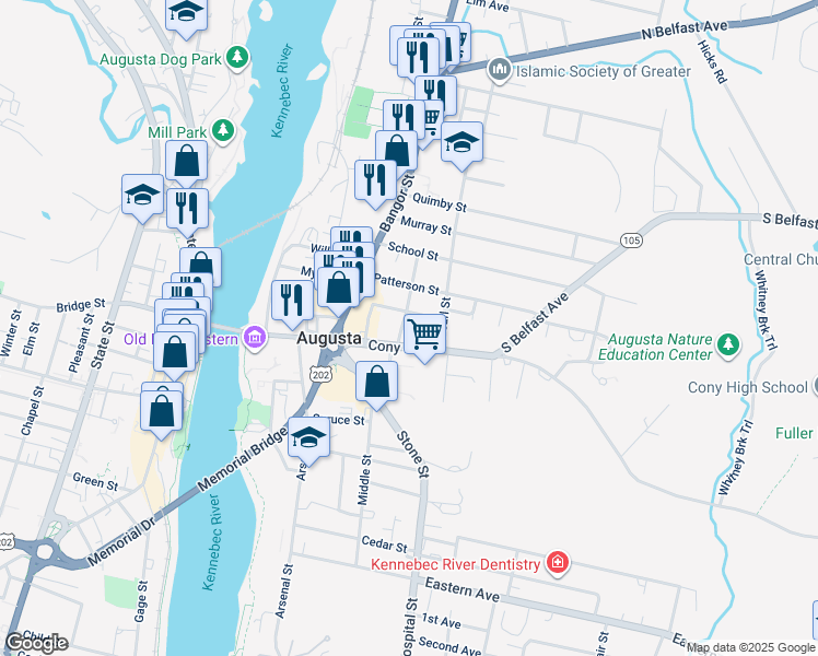 map of restaurants, bars, coffee shops, grocery stores, and more near 14 Gannett Street in Augusta