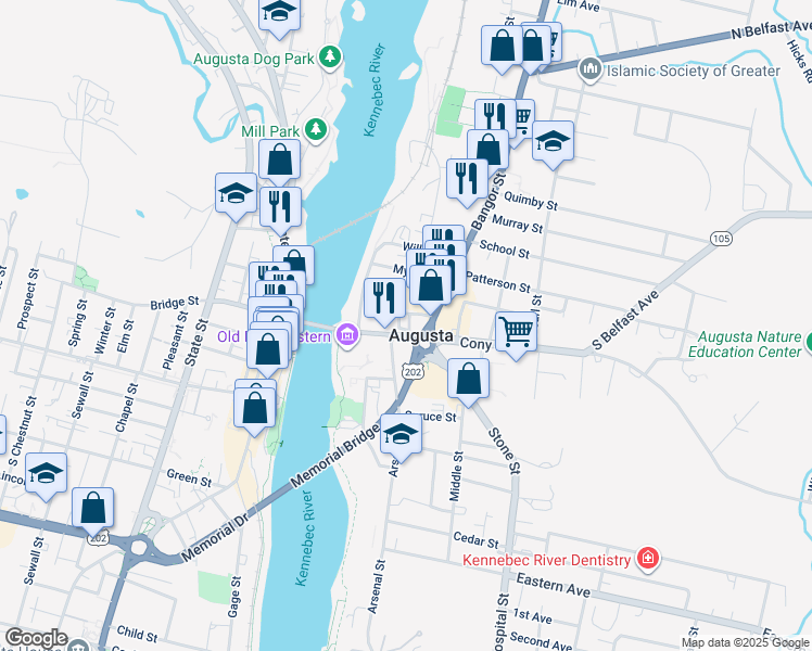 map of restaurants, bars, coffee shops, grocery stores, and more near 10 Bangor Street in Augusta