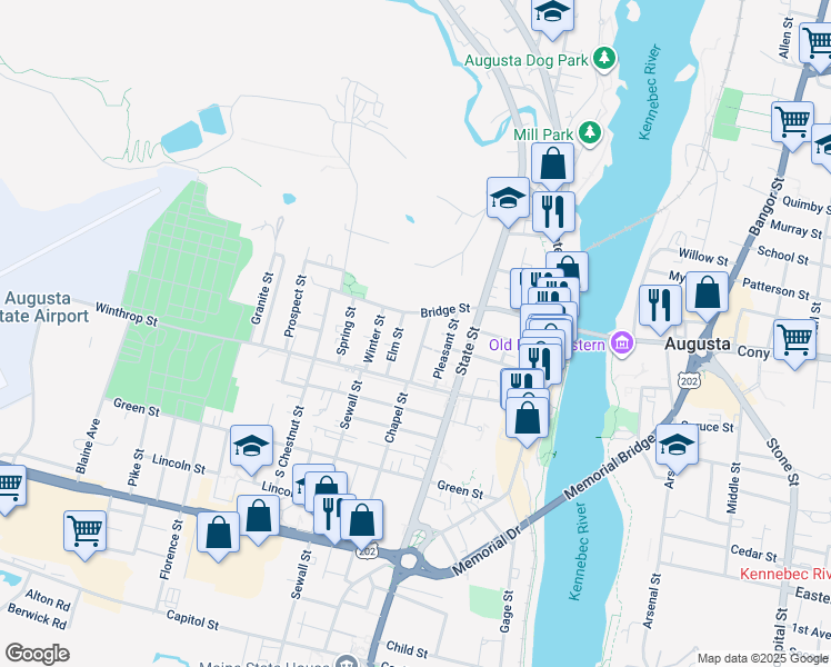 map of restaurants, bars, coffee shops, grocery stores, and more near 21 Summer Street in Augusta