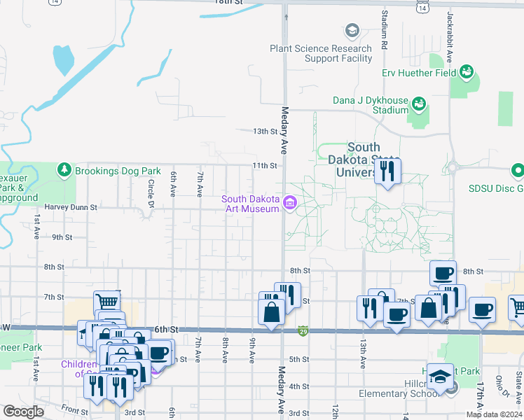 map of restaurants, bars, coffee shops, grocery stores, and more near in Brookings