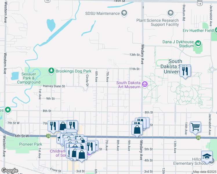 map of restaurants, bars, coffee shops, grocery stores, and more near 709 Harvey Dunn Street in Brookings