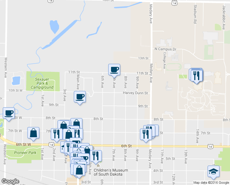 map of restaurants, bars, coffee shops, grocery stores, and more near 705 Harvey Dunn Street in Brookings