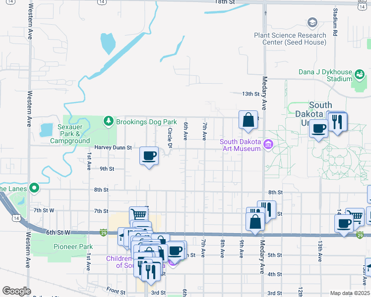map of restaurants, bars, coffee shops, grocery stores, and more near 1001 6th Avenue in Brookings