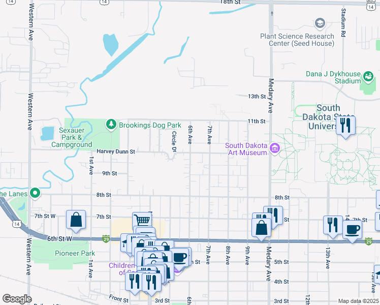 map of restaurants, bars, coffee shops, grocery stores, and more near 1001 6th Avenue in Brookings
