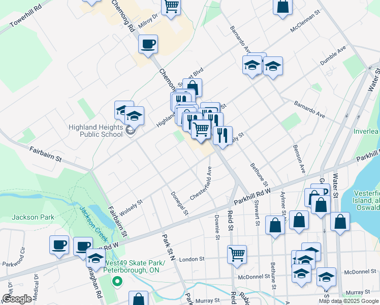 map of restaurants, bars, coffee shops, grocery stores, and more near 819 Brookdale Crescent in Peterborough