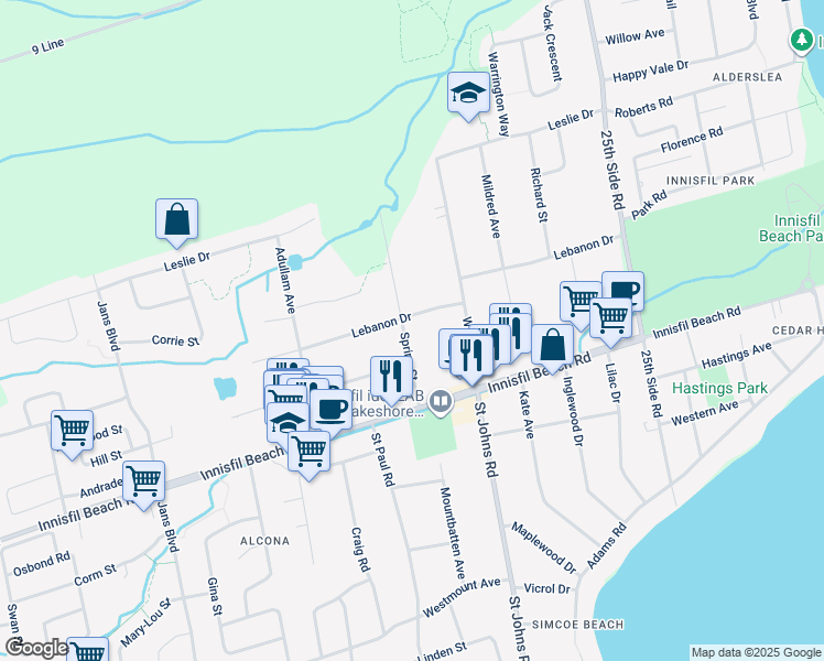 map of restaurants, bars, coffee shops, grocery stores, and more near 2160 Spring Street in Innisfil