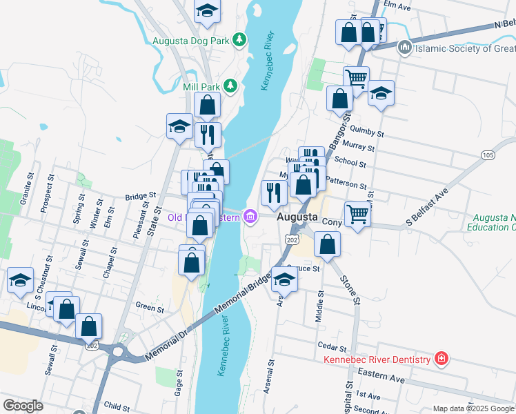 map of restaurants, bars, coffee shops, grocery stores, and more near 7 Willow Street in Augusta