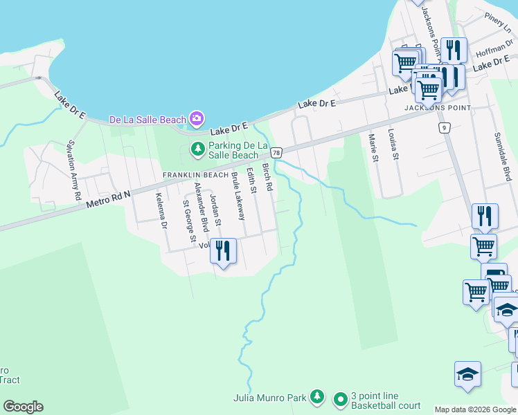map of restaurants, bars, coffee shops, grocery stores, and more near 65 Edith Street in Georgina