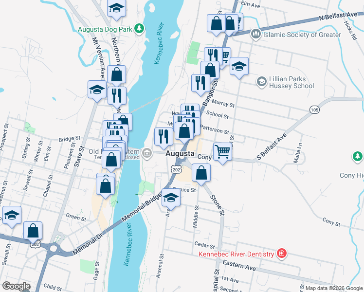map of restaurants, bars, coffee shops, grocery stores, and more near 10 Bangor Street in Augusta