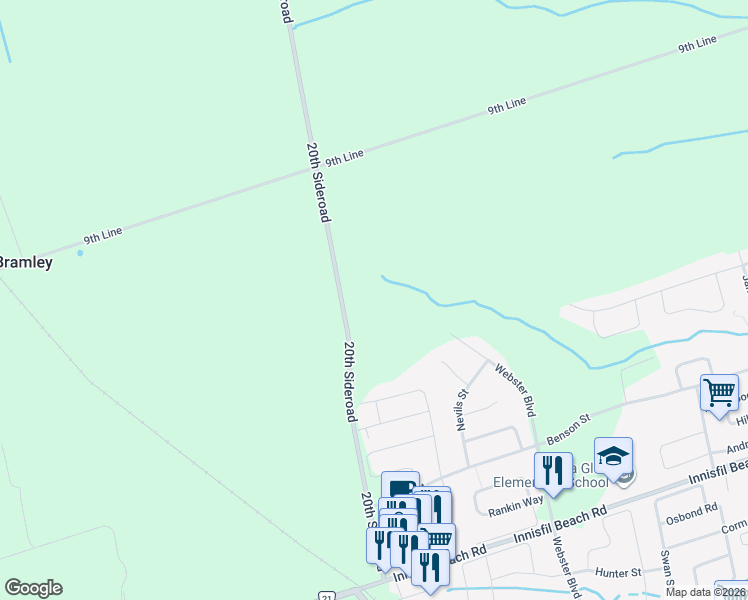 map of restaurants, bars, coffee shops, grocery stores, and more near 2355 20th Sideroad in Innisfil