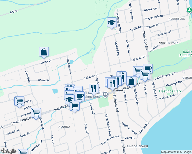 map of restaurants, bars, coffee shops, grocery stores, and more near 2160 Spring Street in Innisfil