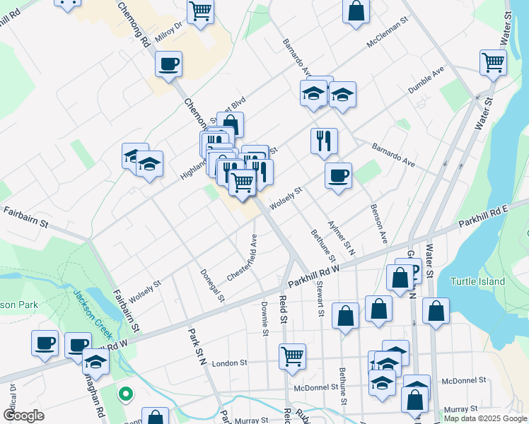 map of restaurants, bars, coffee shops, grocery stores, and more near Chemong Road & Wolsely Street in Peterborough