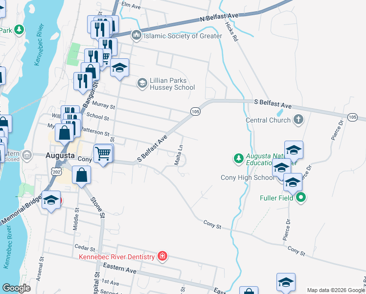 map of restaurants, bars, coffee shops, grocery stores, and more near 8 Carlisle Avenue in Augusta