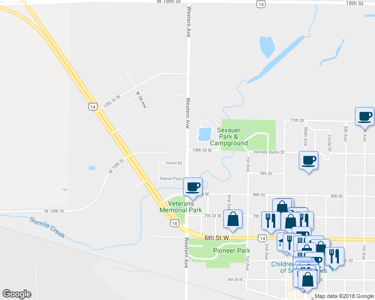 map of restaurants, bars, coffee shops, grocery stores, and more near 10th Street West in Brookings