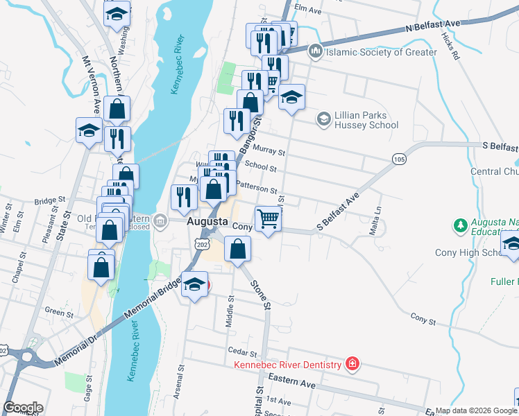 map of restaurants, bars, coffee shops, grocery stores, and more near 14 Gannett Street in Augusta