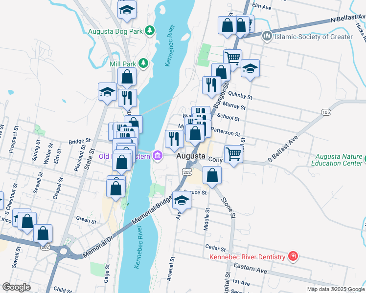 map of restaurants, bars, coffee shops, grocery stores, and more near 7 Willow Street in Augusta