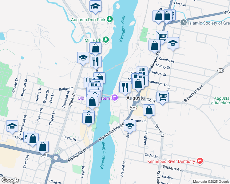 map of restaurants, bars, coffee shops, grocery stores, and more near 21 Willow Street in Augusta