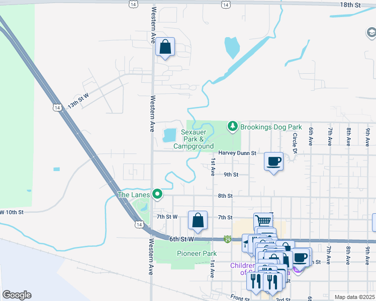 map of restaurants, bars, coffee shops, grocery stores, and more near 10th Street West in Brookings